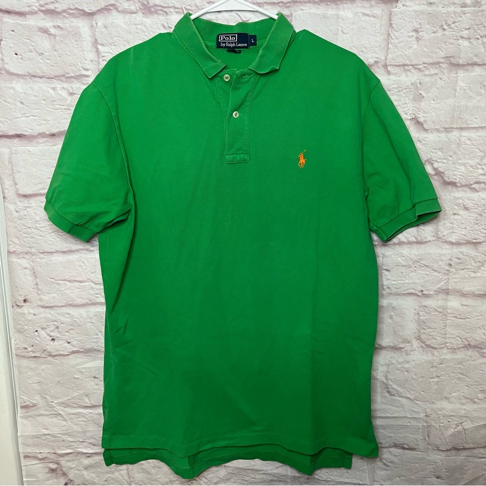 Vintage Polo Ralph Lauren Men’s L Green Short Sleeve Polo Shirt Orange Logo